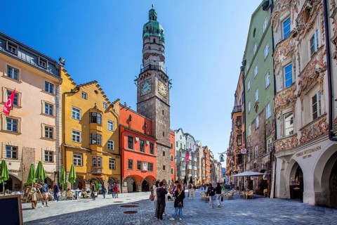 Herzog-Friedrich-Strasse with the city tower in the old town, Innsbruck, Inntal, Tyrolean Alps,