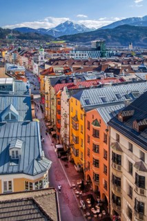 Old town roofs above the Herzog-Friedrich-Strasse with the Serles 2717m, Innsbruck, Inntal,