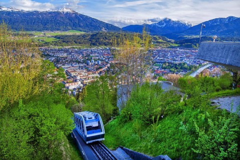 Funicular railway to Hungerburg with views of the city, Patscherkofel 2246m and Serles 2717m,