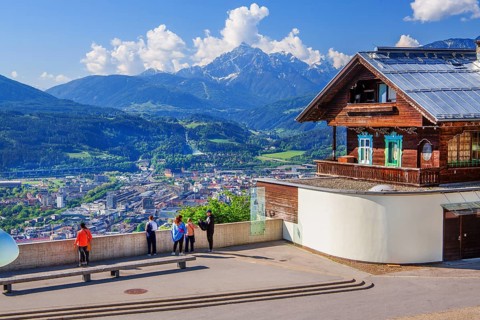 Viewing terrace on the Hungerburg with views of the city and Serles 2717m, Innsbruck, Inntal,