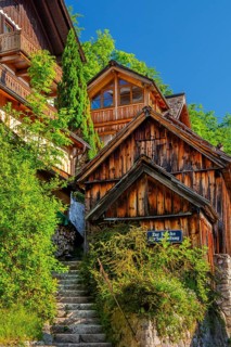 Houses on the steep bank above the lake, Hallstatt, Lake Hallstatt, UNESCO World Heritage Site,