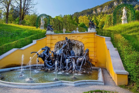 Neptune Fountain at Linderhof Castle in spring, municipality of Ettal, Ammergau Alps, Ammertal,