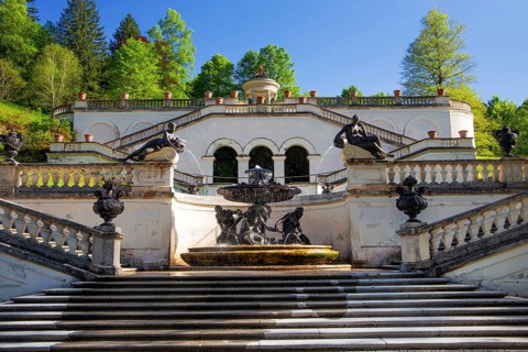 Terraces of the Temple of Venus in the park of Linderhof Castle in spring, municipality of Ettal,