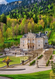 Water parterre with the portal of Linderhof Castle in spring, municipality of Ettal, Ammergau Alps,
