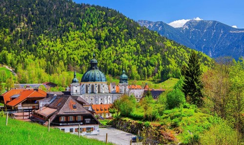 Ettal Monastery in spring, municipality of Ettal, Ammergau Alps, Upper Bavaria, Bavaria, Germany