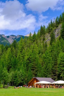 Baita Spiaggia Verde on the Boite river, near Cortina d'Ampezzo, Dolomites, Trentino, Italy