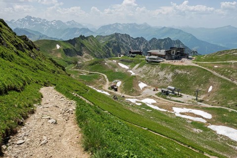 Hiking trail to the Nebelhorn summit, behind Edmund-Probst-Haus and Höfatsblick mountain station of