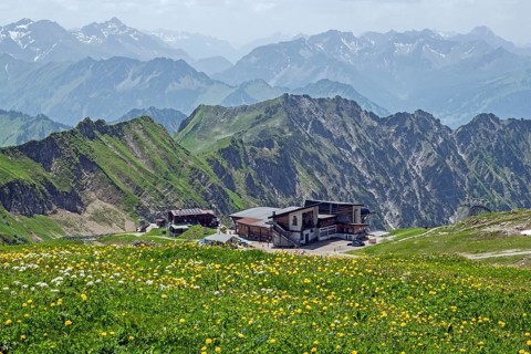 Edmund-Probst-Haus and Höfatsblick mountain station of the Nebelhornbahn, mountains of the Allgäu
