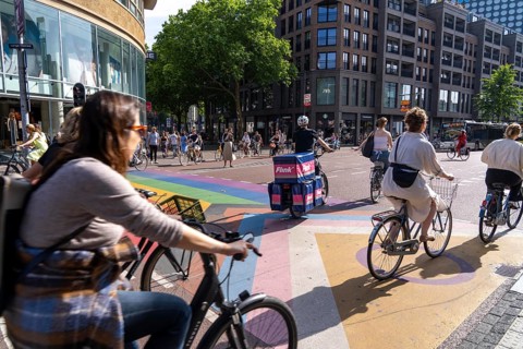Central cycle path along the Vredenburg, in the city centre of Utrecht, lanes for pedestrians,
