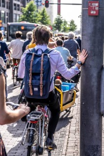 Central cycle path on the Lange Viestraat, lanes for pedestrians, cyclists and local traffic are