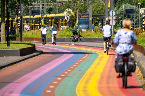 Rainbow cycle path through the university campus in Utrecht Science Park, 570 metres long, Utrecht