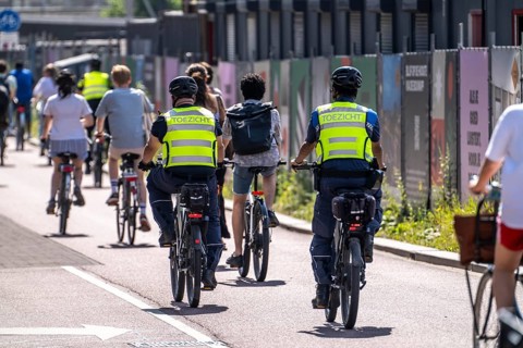 Central cycle path on the Vredenburg, in the city centre of Utrecht, lanes for pedestrians,