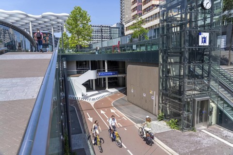 Entrance and exit to the central bicycle car park at Stationsplein, the largest bicycle car park in