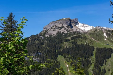 Striking mountain range of the Hohe Ifen and its Gottesacker plateau with snow in spring,