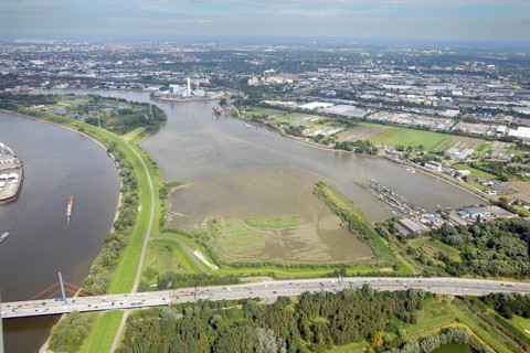 Nature reserve, wooden harbour, Moorfleet, Hamburg, aerial view