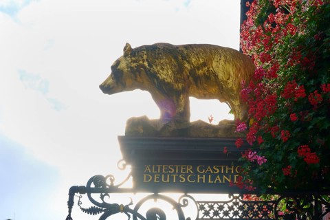 A golden bear sculpture above a historic sign, Germany's oldest inn, Freiburg im Breisgau, Black