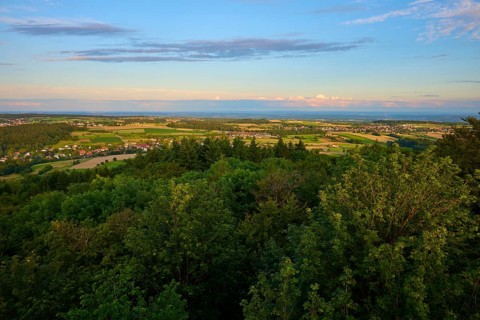 View over wooded hills and fields at sunrise, Katzenbuckel, Waldbrunn, Neckar-Odenwald-Kreis,