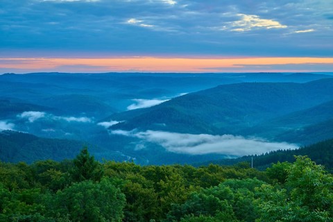 Quiet mountain landscape, fog and clouds in the valley, sunrise, Katzenbuckel, Waldbrunn,