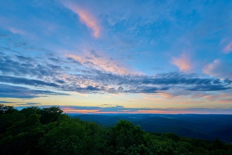 Twilight with pastel-coloured clouds over a green landscape, Katzenbuckel, Waldbrunn,