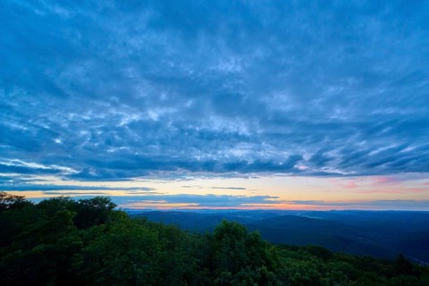 Dark blue sky towards the end of the sunset over a wooded region, Katzenbuckel, Waldbrunn,