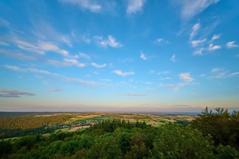 Vast landscape under a blue sky with scattered clouds, Katzenbuckel, Waldbrunn,
