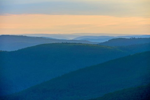 Hills characterised by light and shadows at sunrise, peaceful atmosphere, Katzenbuckel, Waldbrunn,