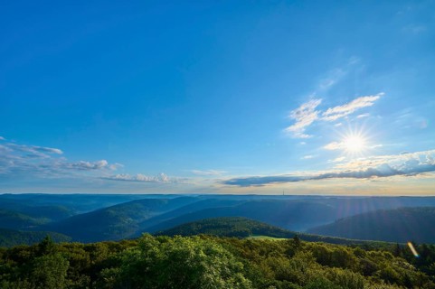 Clear morning sky over a vast landscape with only a few clouds, Katzenbuckel, Waldbrunn,