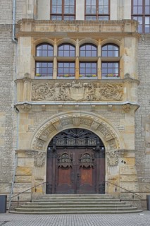 Portal with city coat of arms, town hall built in 1901, decorations, windows, Dessau,
