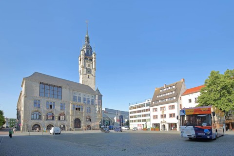 Town hall built in 1901 and omnibus, town hall square, tower, Dessau, Dessau-Roßlau, Saxony-Anhalt,