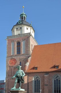 Gothic St Mary's Church and monument to Field Marshal Leopold I, scroll, marshal, general,