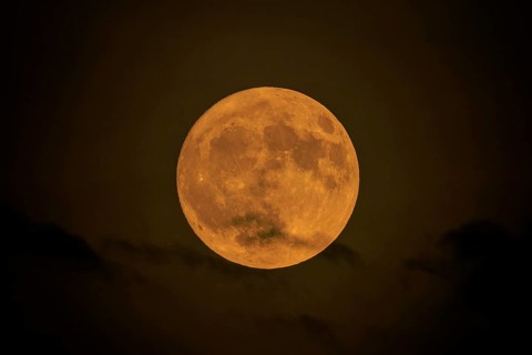Yellow full moon shines calmly in the nightly darkness, full moon, strawberry moon 2025, Germany