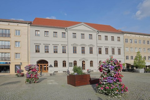 Historic Palais Waldersee, floral decoration, town hall square, Zerbster Straße, Dessau,