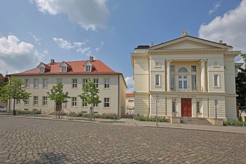 Neoclassical Carl-Maria-Von-Weber theatre and historic residential building, opera house,