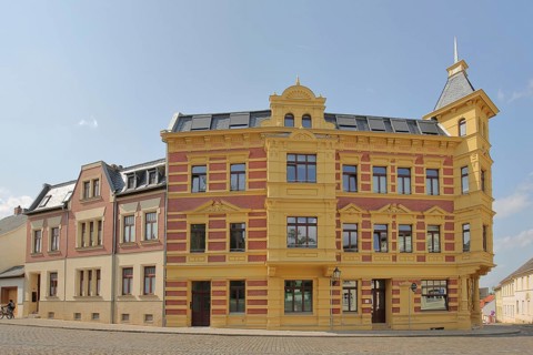 Historic residential building with ornaments and bay windows, villa, Schlossstraße, Bernburg,