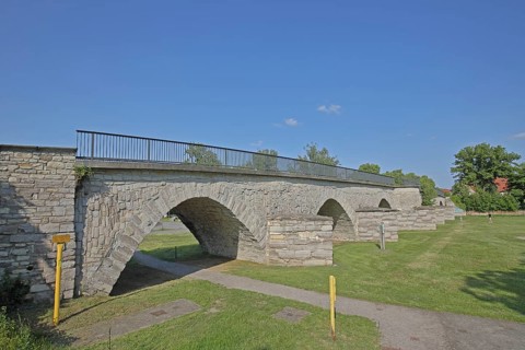Historic Waldau Flood Bridge built in 1787, stone arch bridge, Waldau, Bernburg, Saxony-Anhalt,