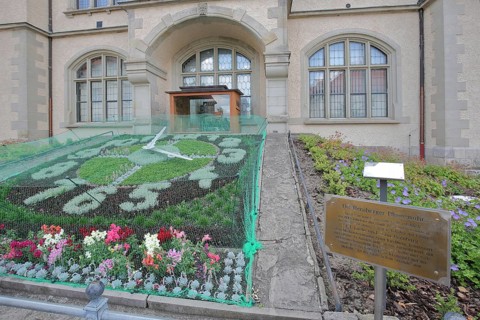 Flower clock made of blooming flower-bed with flower bed, clock face, garden art, information board