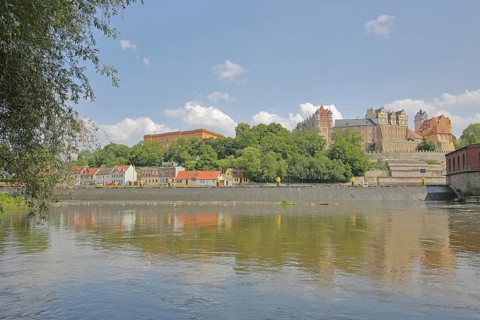 View of Carolinum Castle and Gymnasium with river Saale, Saale Valley, Renaissance, Landmark,
