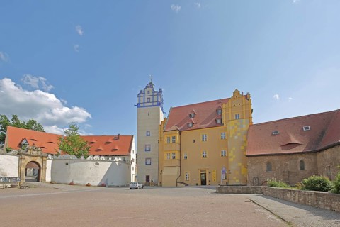 Renaissance castle with museum and Blue Tower, inner courtyard with archway, Bernburg,