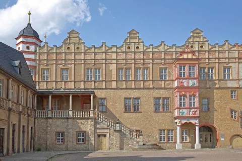 Wolfgangbau of the Renaissance castle, inner courtyard, ornaments, oriel, tail gable, Bernburg,