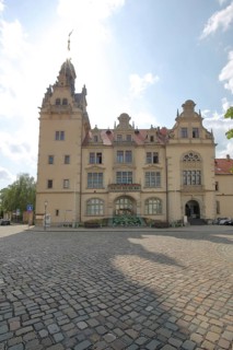 Town hall in neo-renaissance style with backlight, sunbeams, Bernburg, Saxony-Anhalt, Germany