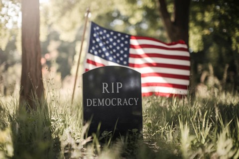 Tombstone with text RIP Democracy and USA flag in background.. Generative AI, AI generated