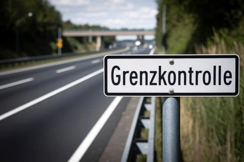 Road sign saying 'Grenzkontrolle' (border control) on side of street. Generative AI, AI generated