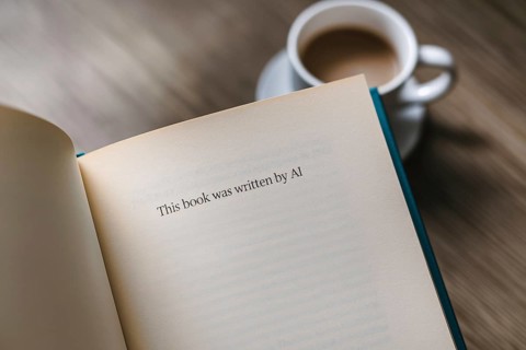 Close up of page of a novel book with text saying 'This book was written by AI'. Generative Ai, AI