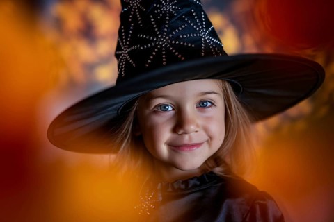 Female child in witch costume with autumn leaves. Generative AI, AI generated