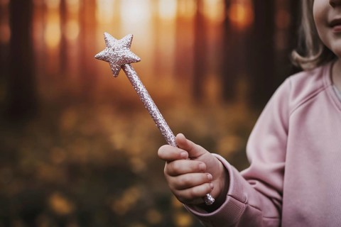 Close-up of pink glittering fairy wand with star tip held by young girl's hand, magical children's