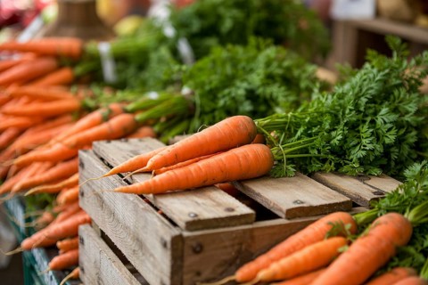 Fresh orange carrot with leafy top on market stall. Rustic vegetable display bathed in natural