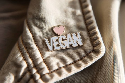 Close-up of pin with text vegan and herat on soft cotton jacket. A symbol of compassionate