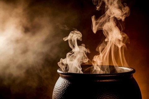 Witch cauldron with white smoke rising in dim light on dark background. Generative Ai, AI generated