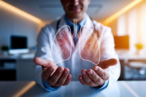 Doctor holding glowing virtual human lungs hologram in modern medical office. Generative ai, AI