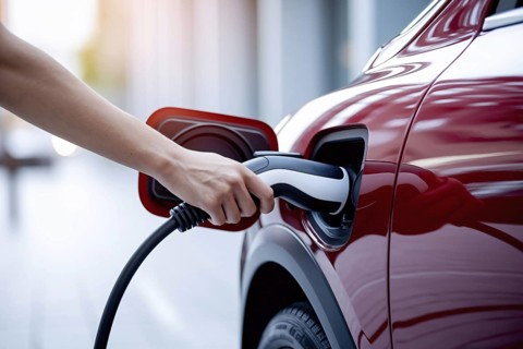 Person plugging electric car charger into red e-car. Eco-friendly transportation concept.